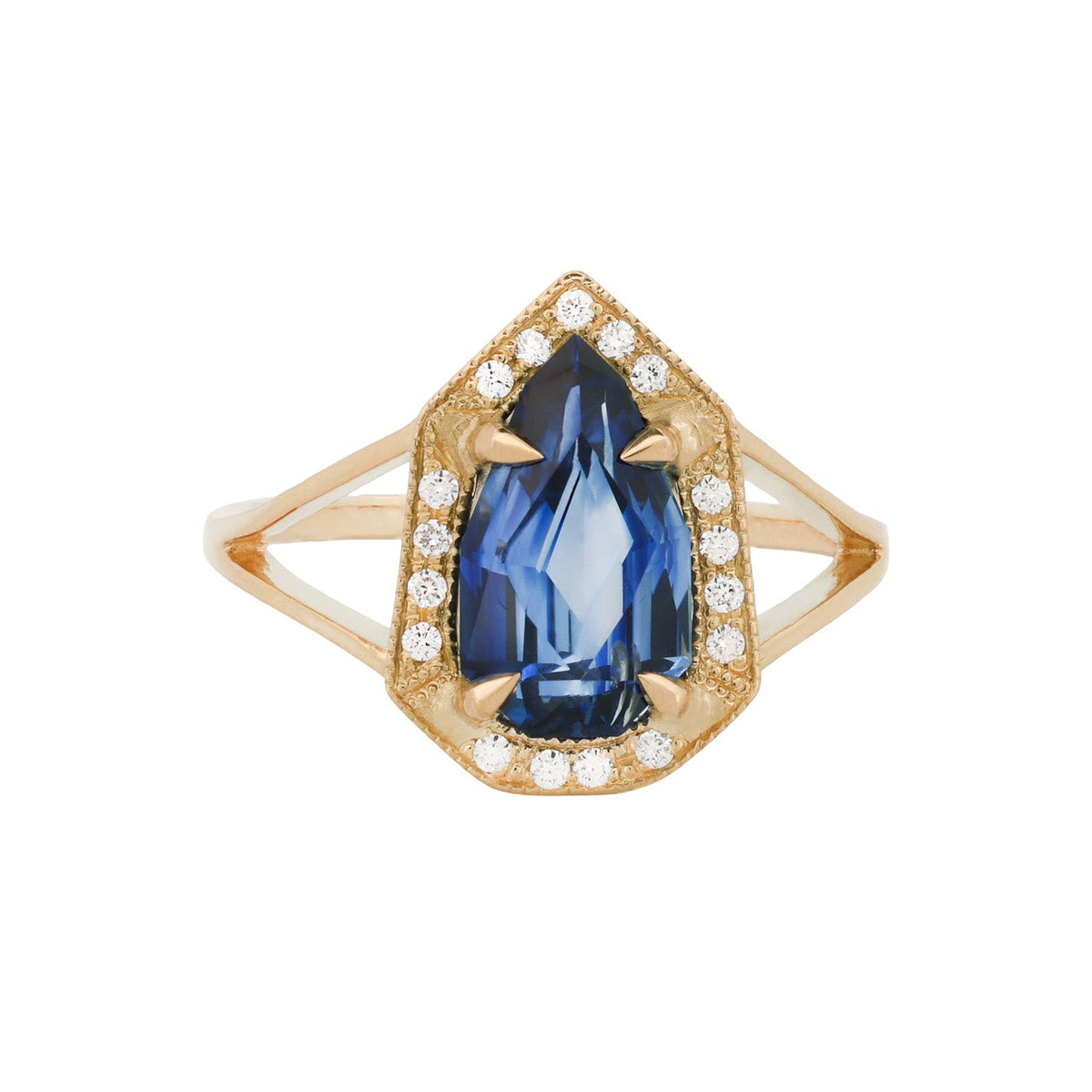 Fiat Lux Grande Phoebe ring: 2.30ct cobalt sapphire framed by diamonds in a bold geometric gold setting.