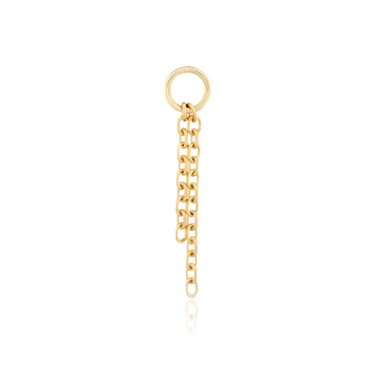 A gold-toned jewelry charm featuring a circular ring at the top connected to a short curb chain dangle, shown on a clean white background with a subtle reflection.