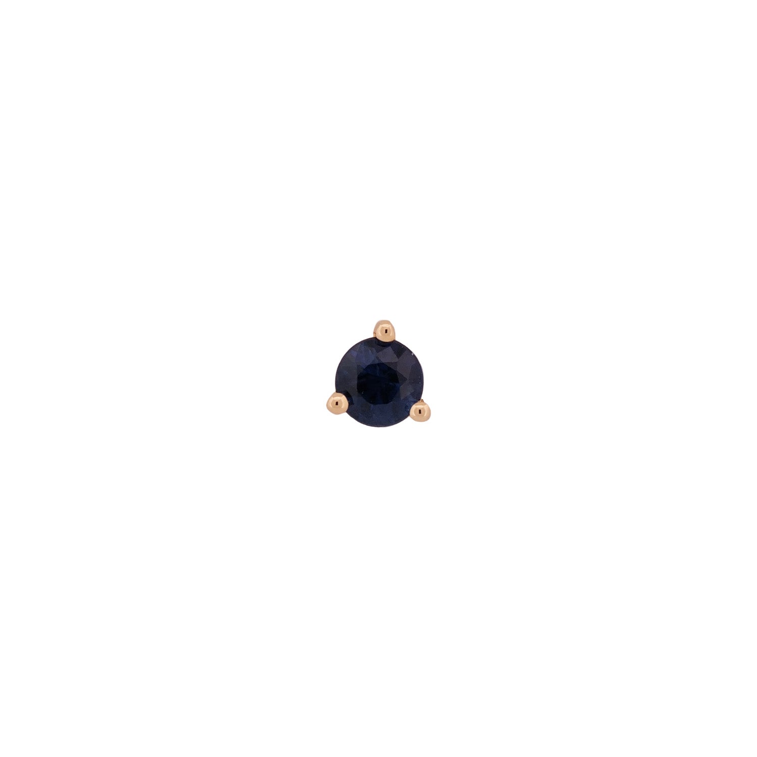 A Fiat Lux 3mm round blue gem labret in a 3-prong 14K gold setting, shown on a white background.