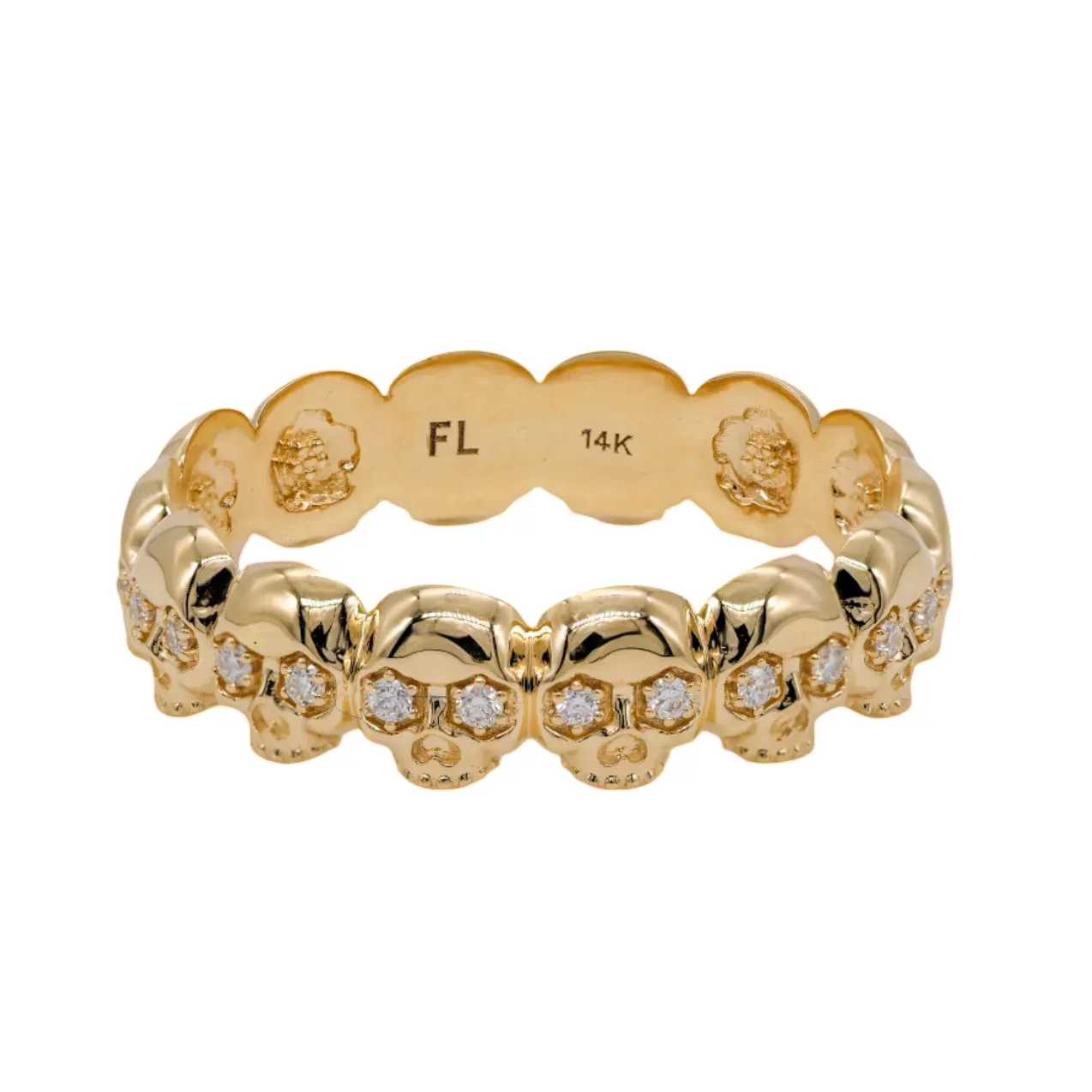 Fiat Lux Eternity Skull Ring in 14k gold, each skull with a diamond forehead, marked FL 14K inside.