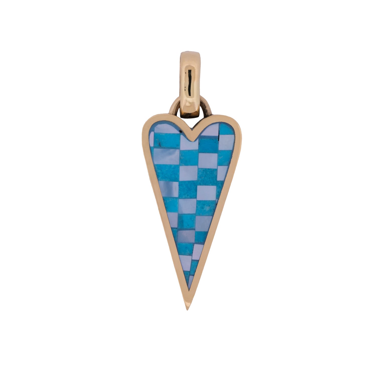 The Goodluck Handmade Punk Heart Checkerboard Charm features a gold-edged heart with blue and purple inlay.