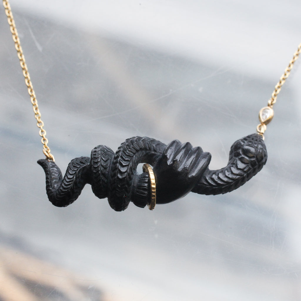 Onyx & Diamond Snake in Hand Necklace