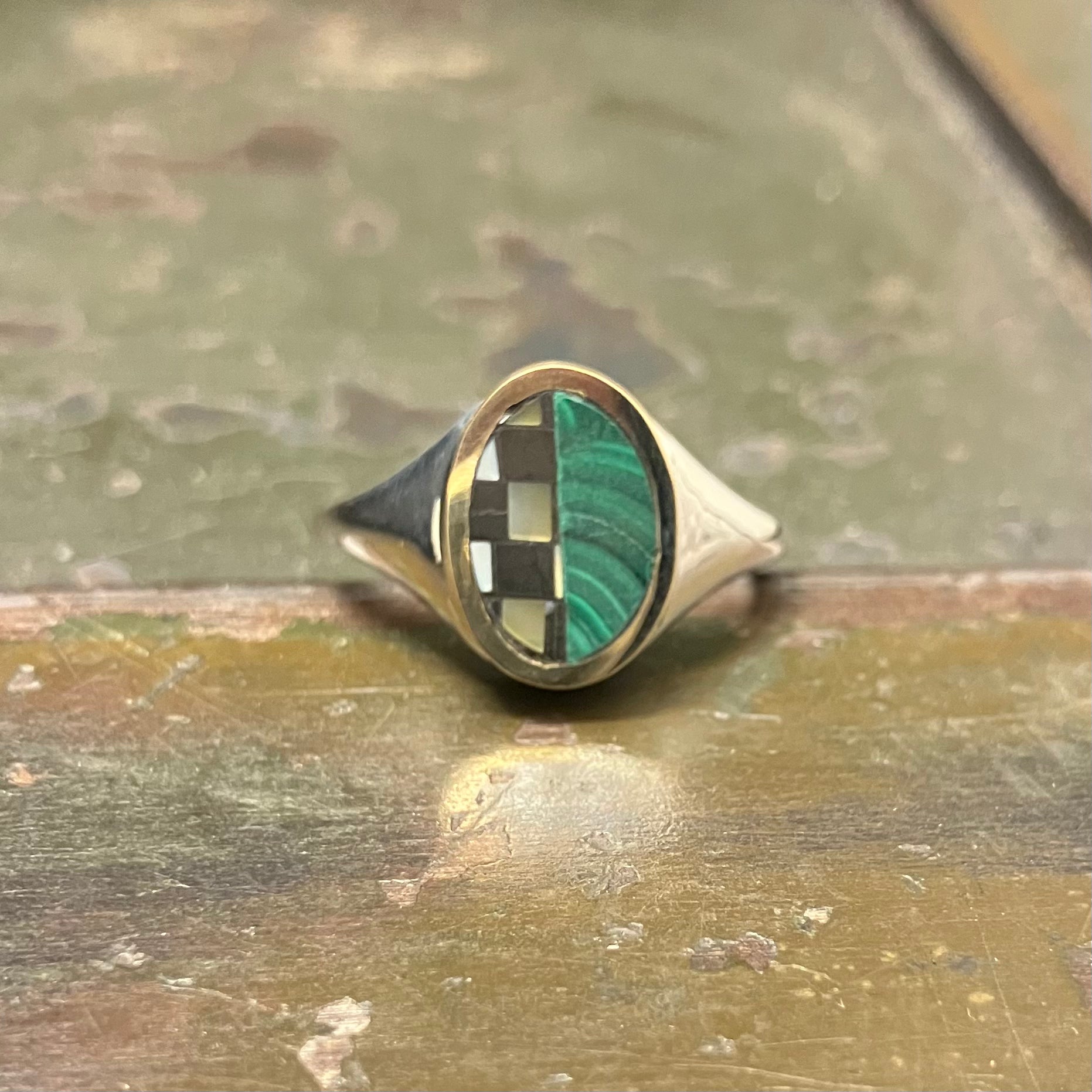 Mirror Half Checkerboard Signet Ring - Malachite