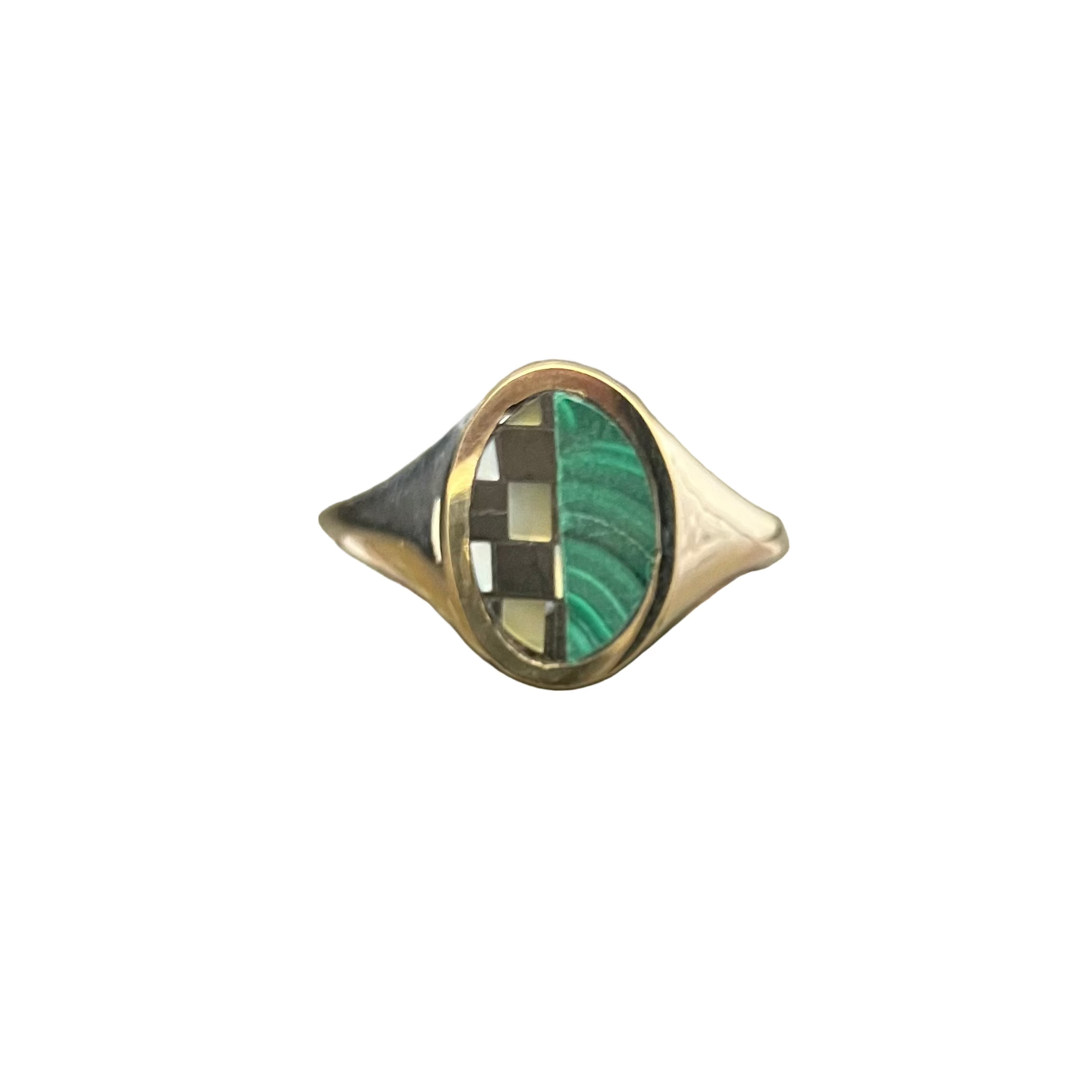 Mirror Half Checkerboard Signet Ring - Malachite