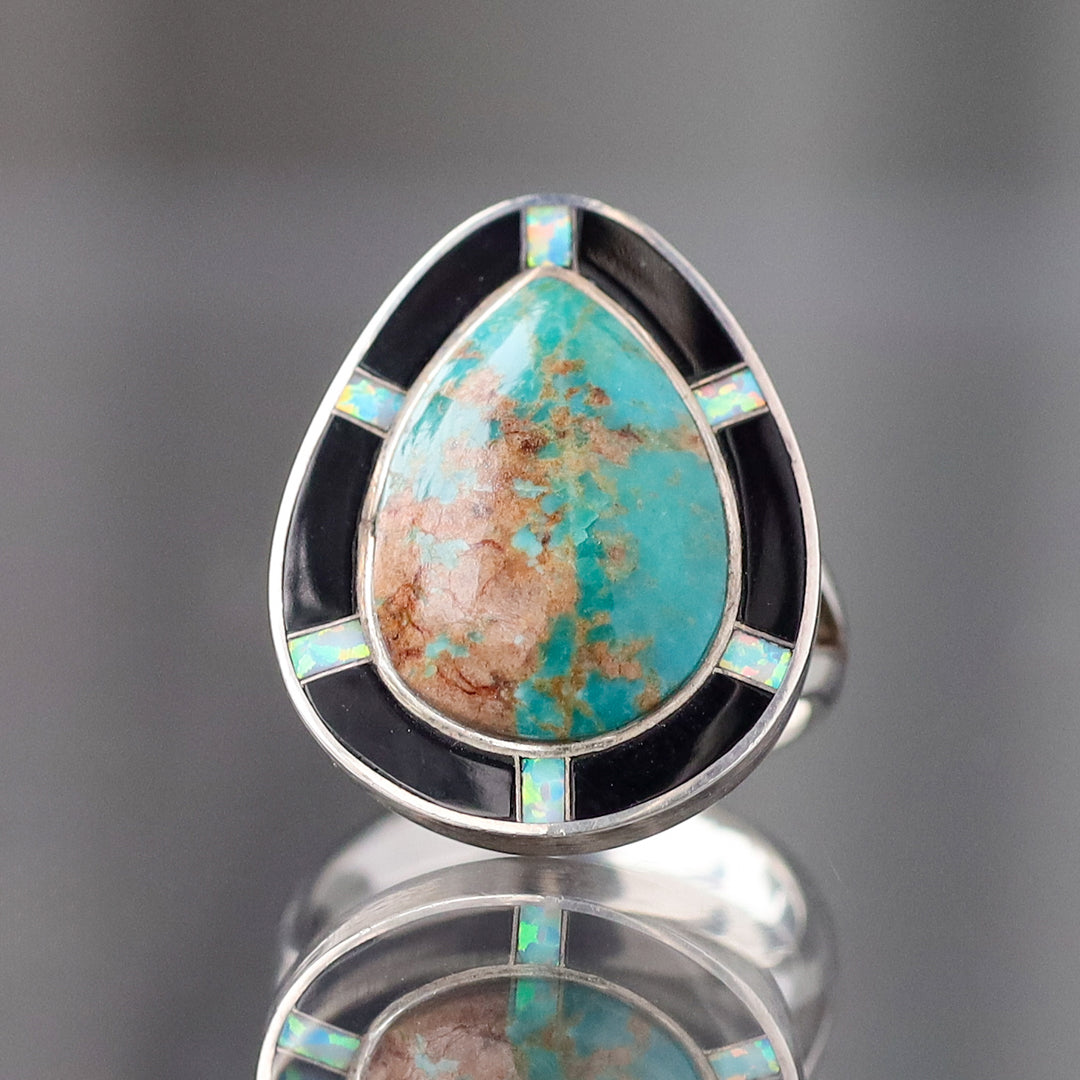 Turquoise Pear with Inlay Border Ring