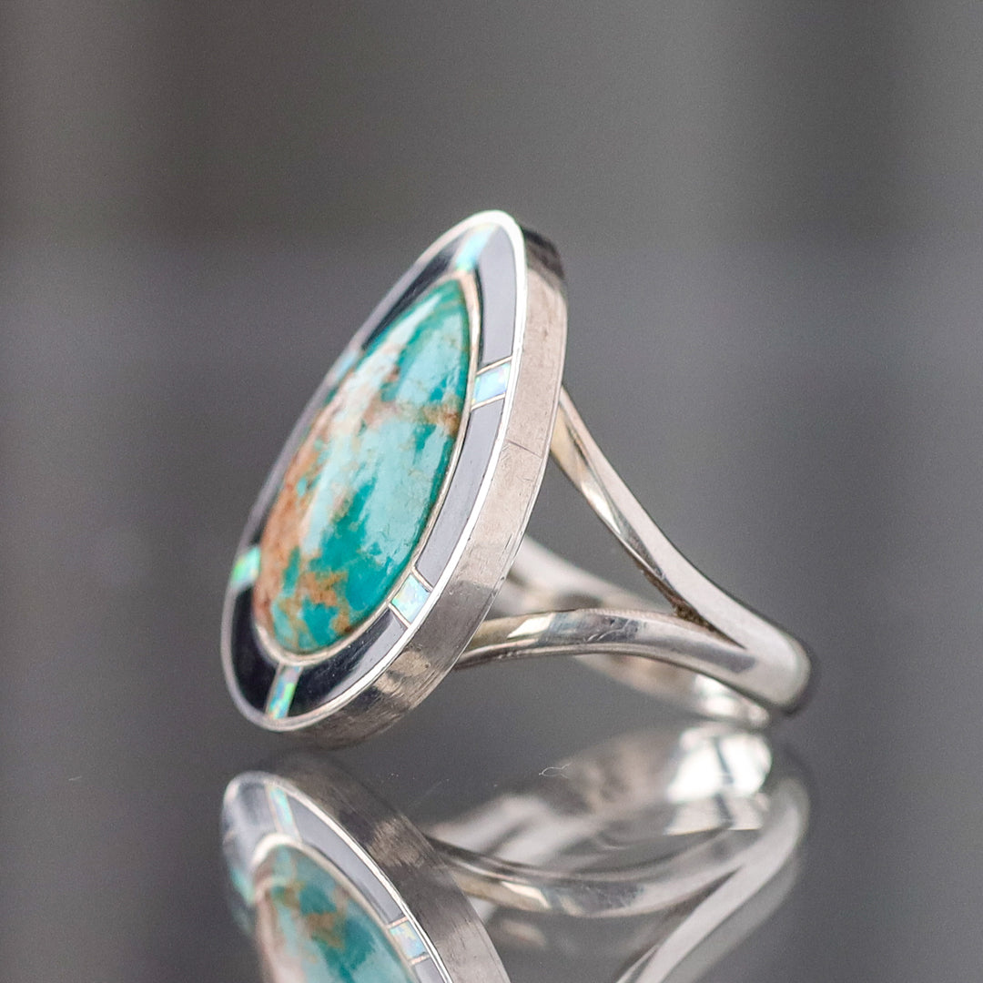 Turquoise Pear with Inlay Border Ring