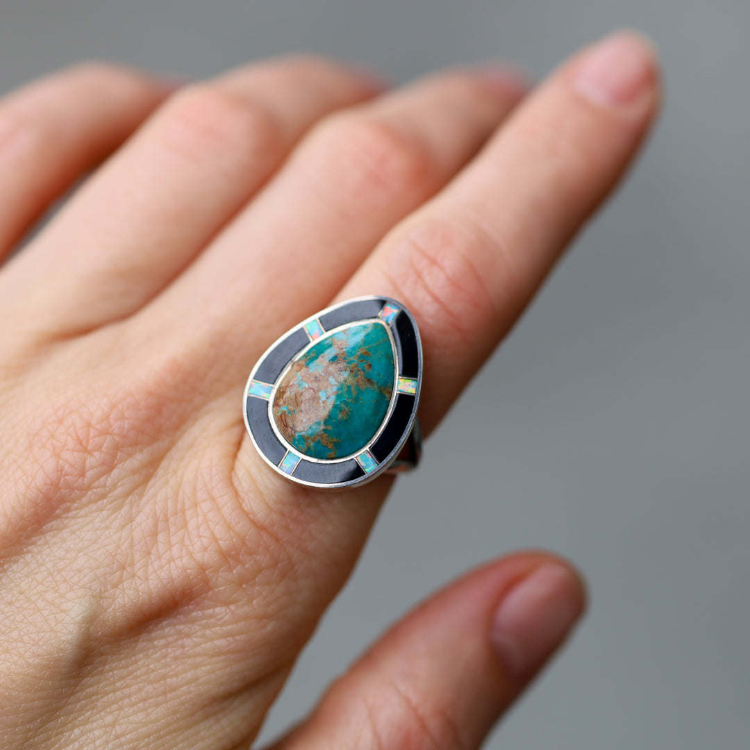 Turquoise Pear with Inlay Border Ring