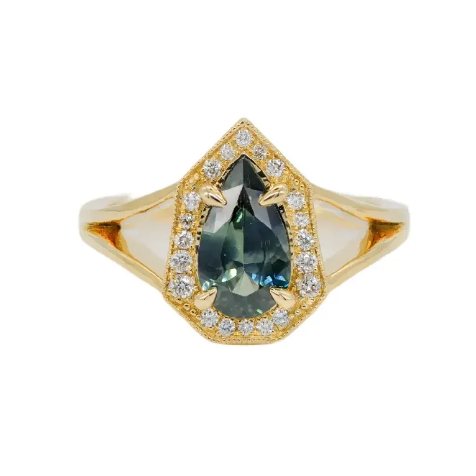 Fiat Lux Classic Phoebe Ring: 1.287ct unheated teal sapphire & diamond halo in geometric 18K yellow gold.