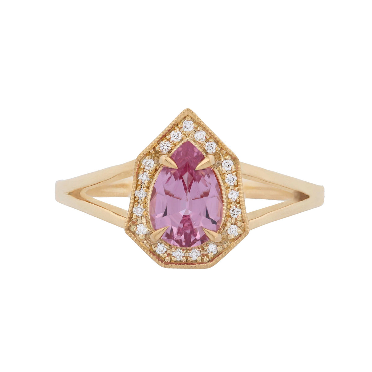 Fiat Lux Petite Phoebe Ring: 0.82ct candy pink spinel set in 18K gold with diamond halo and modern geometric design.