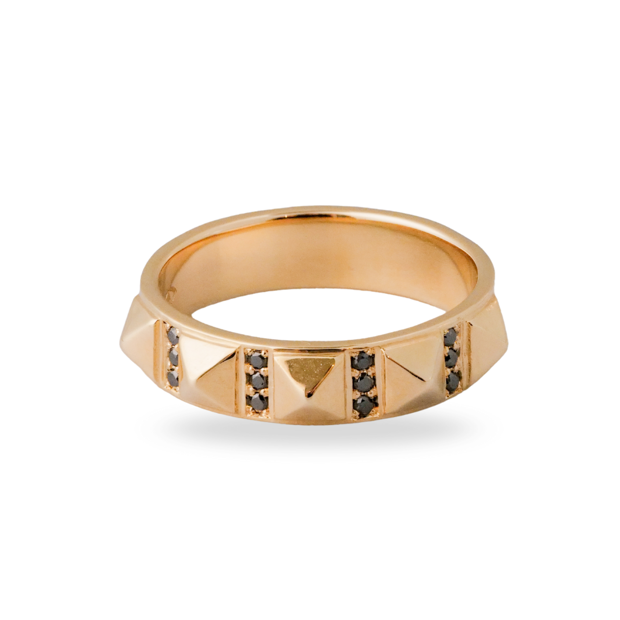 Fiat Lux Punk Pave Band (G): 14K gold band with pyramid studs and small black stones.