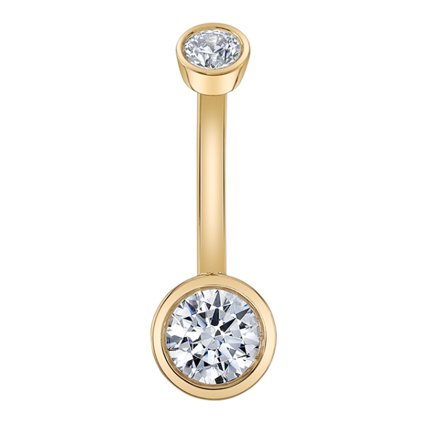 Gold Classic Bezel Navel Curved Barbell with a small bezel-set gemstone on top and a larger one on the bottom.