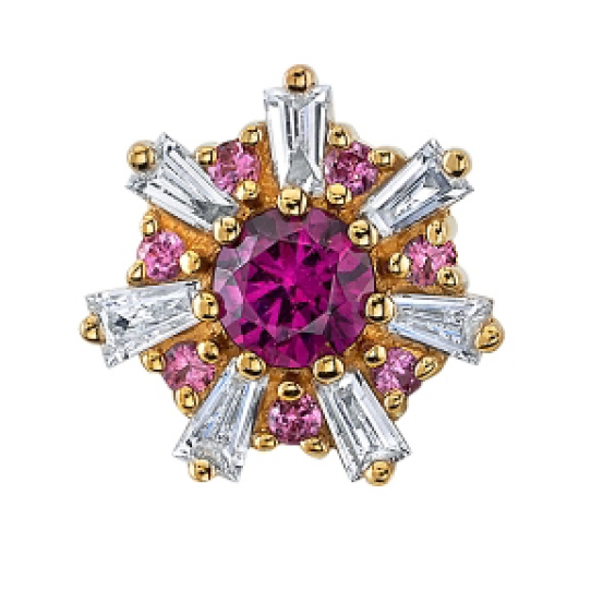 The BVLA Delaney: a 14k gold ring with round ruby, pink gems & baguette diamonds—ideal for flatback piercings.