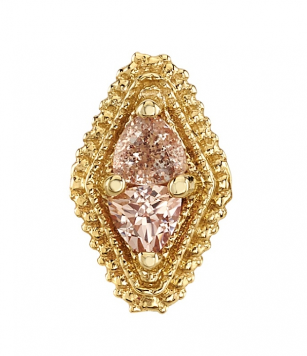 BVLA gold navette labret with Oregon Sunstone and two triangular pink gemstones in a beaded setting.