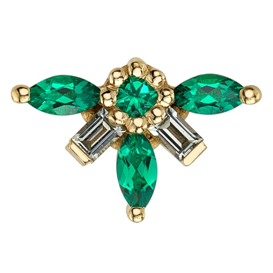 The BVLA Half Nayru brooch features marquise emeralds in a floral design set in 14K gold.