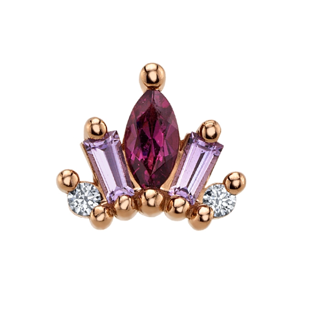 The BVLA Mini La Princesa is a 14k gold piercing with a marquise purple gem, lilac stones, and two round white accents.