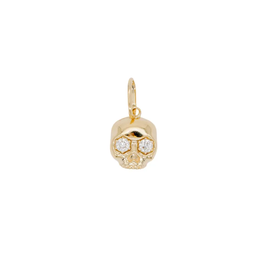 The Skull Charm - Petite by Fiat Lux: small 14k gold skull with three white diamonds, shown on a white background.