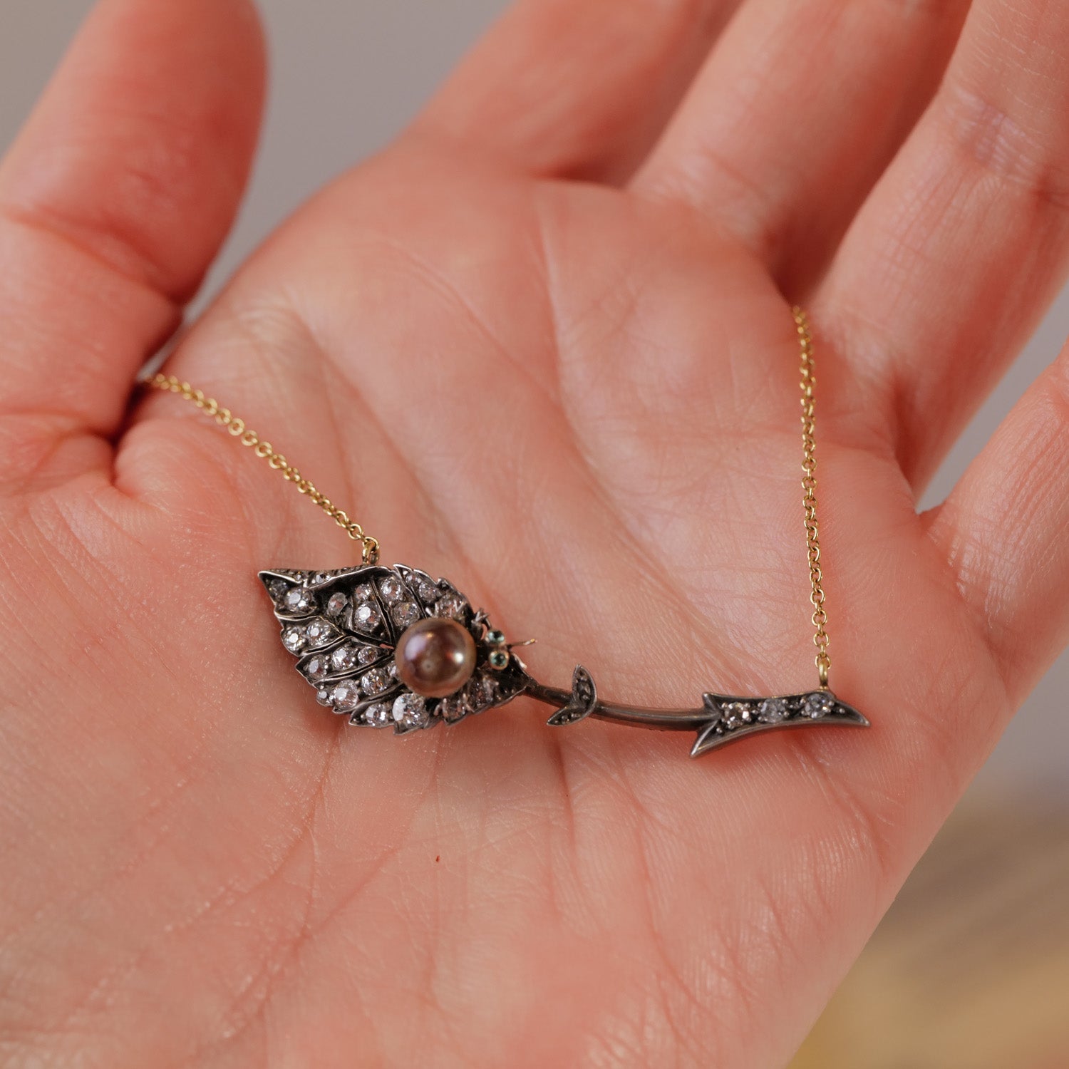 Antique Diamond Leaf with Pearl Bug Necklace