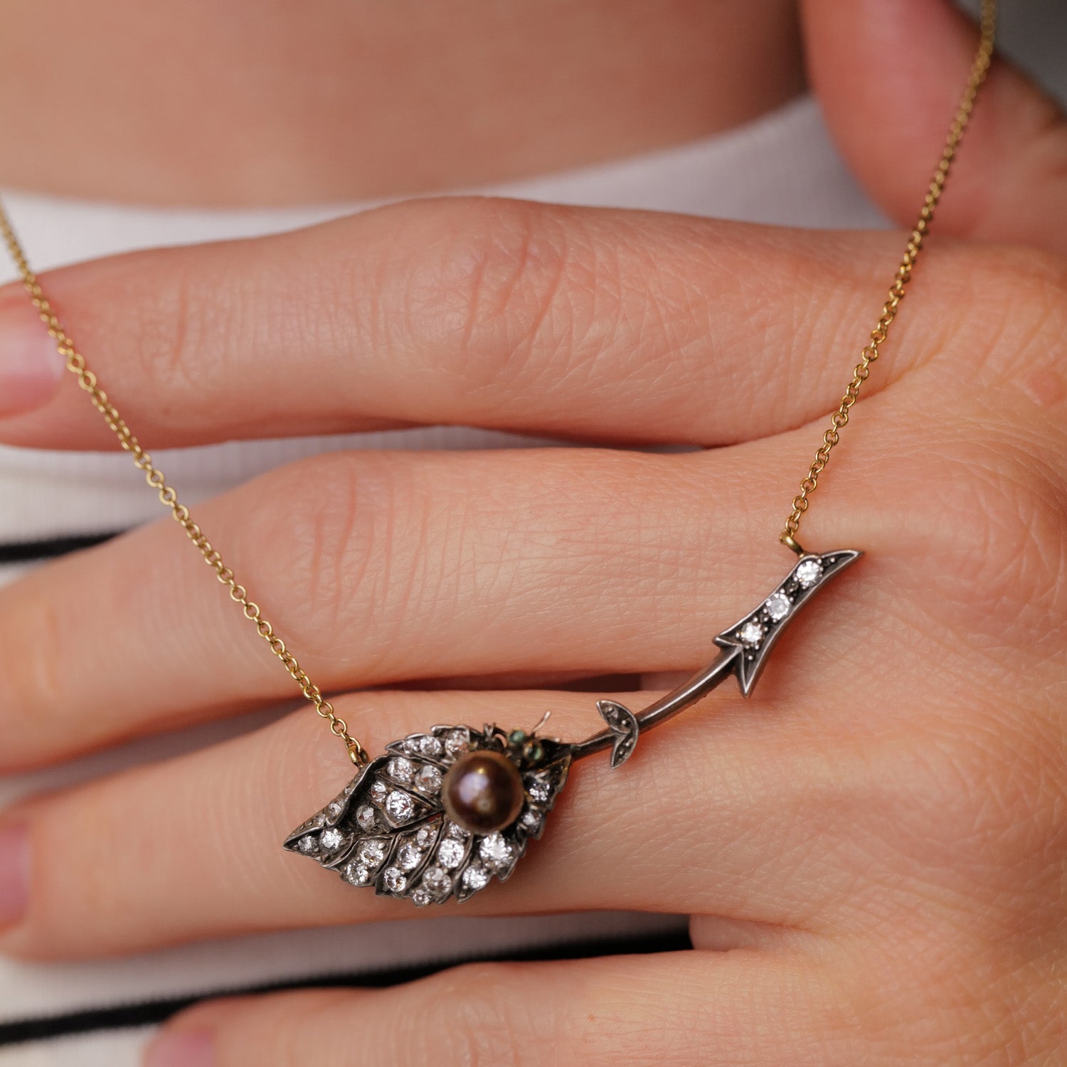 Antique Diamond Leaf with Pearl Bug Necklace