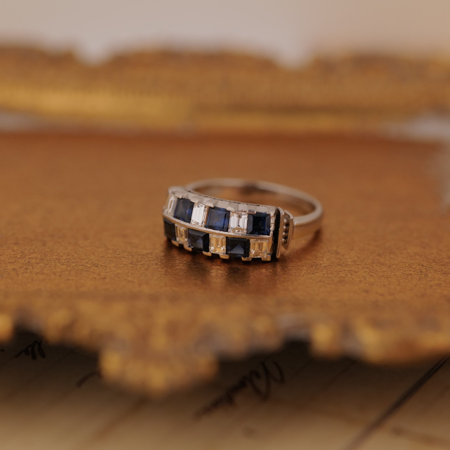 Antique Checkerboard Diamond & Sapphire Ring