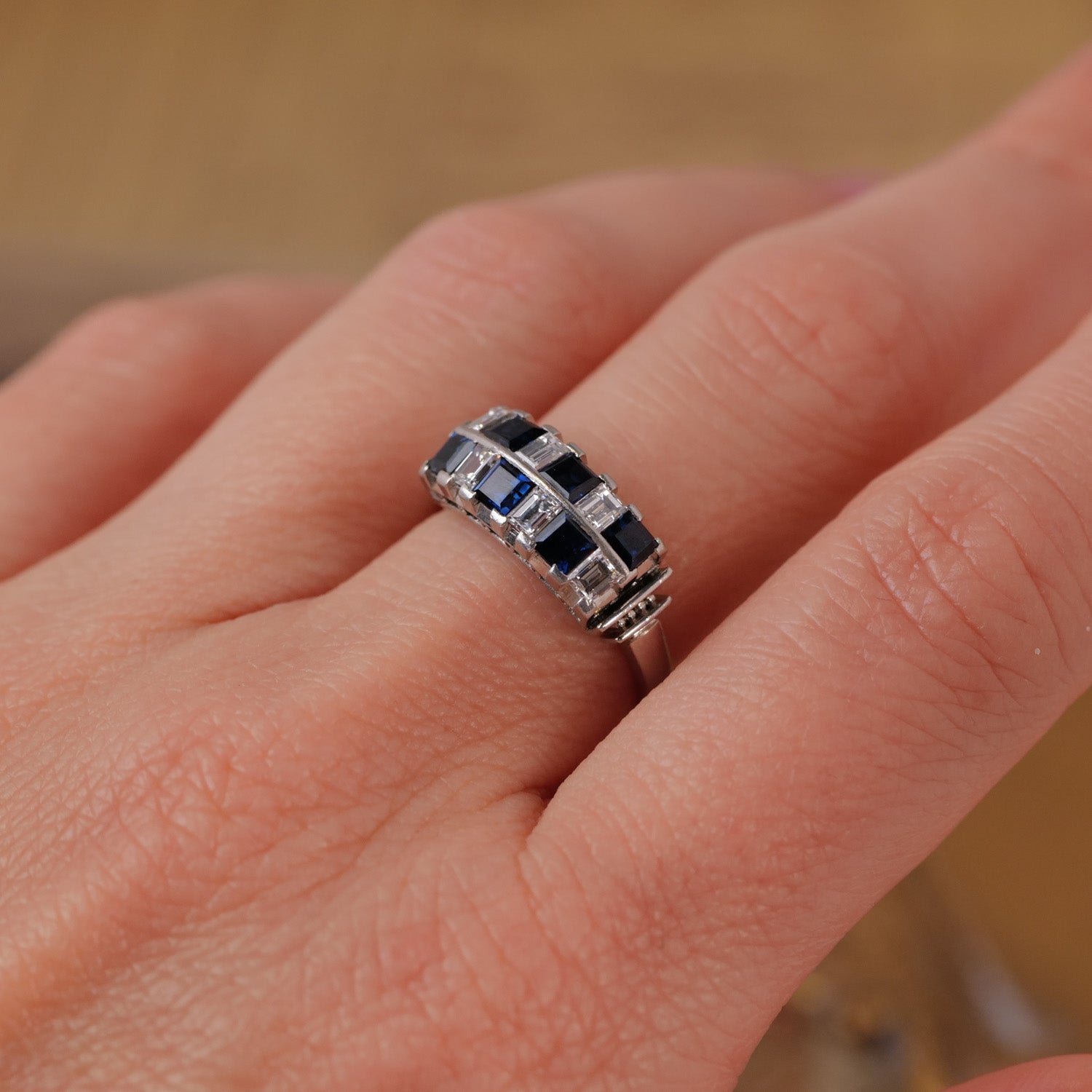 Antique Checkerboard Diamond & Sapphire Ring