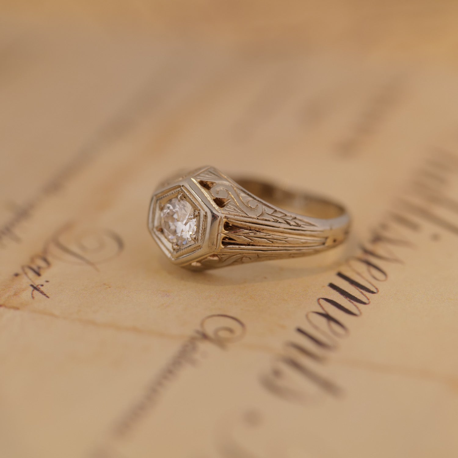Vintage Hexagon Diamond Engraved Ring