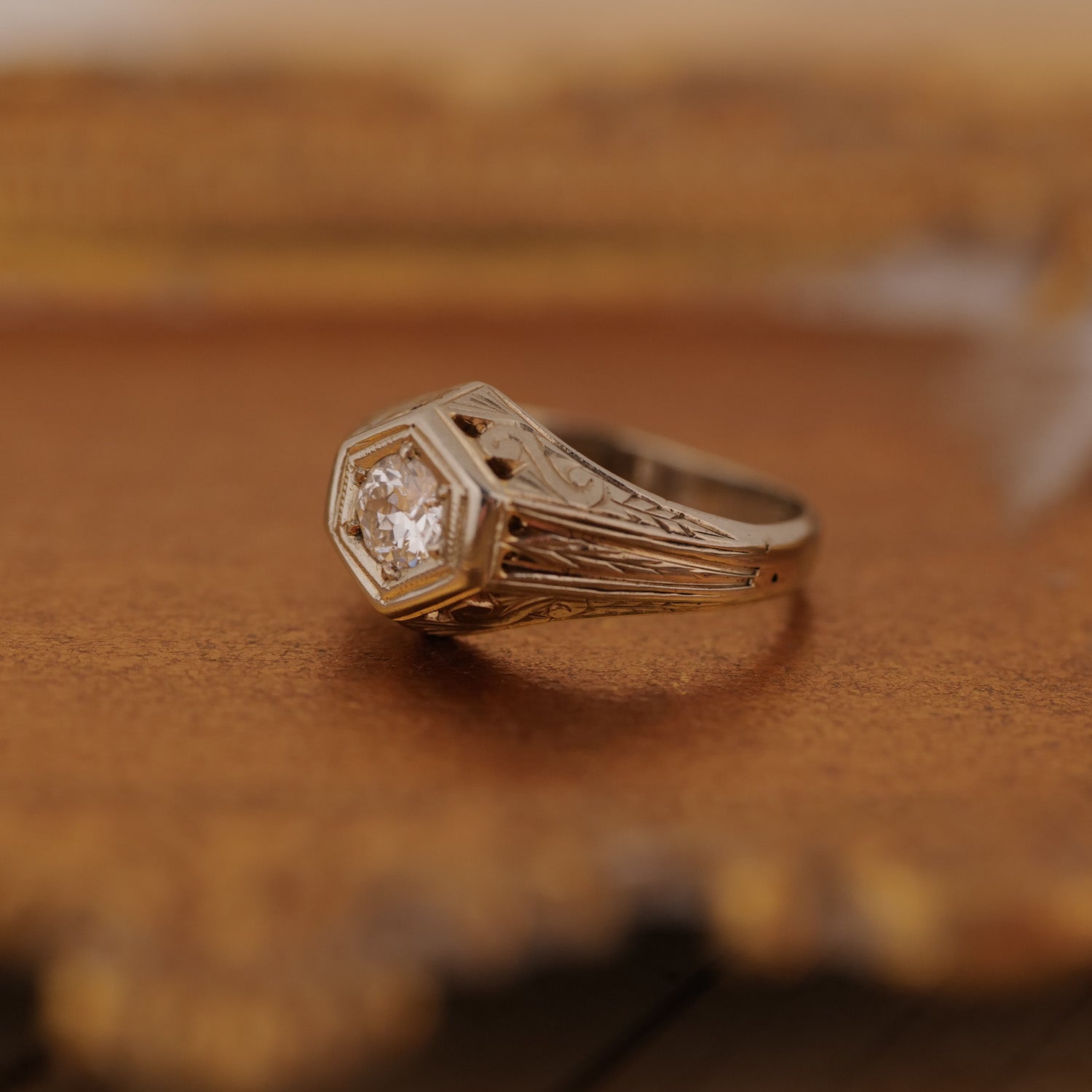 Vintage Hexagon Diamond Engraved Ring