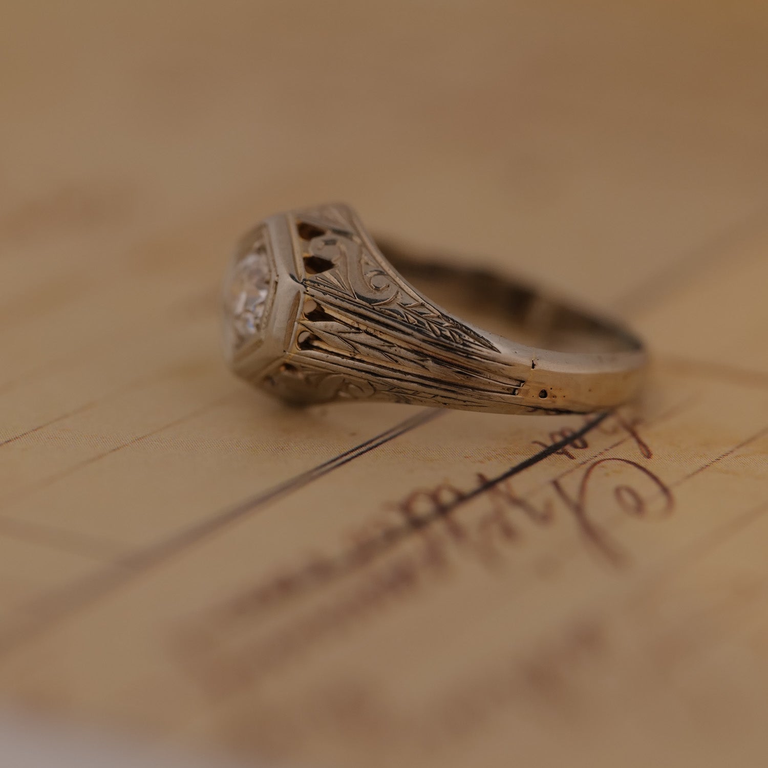 Vintage Hexagon Diamond Engraved Ring