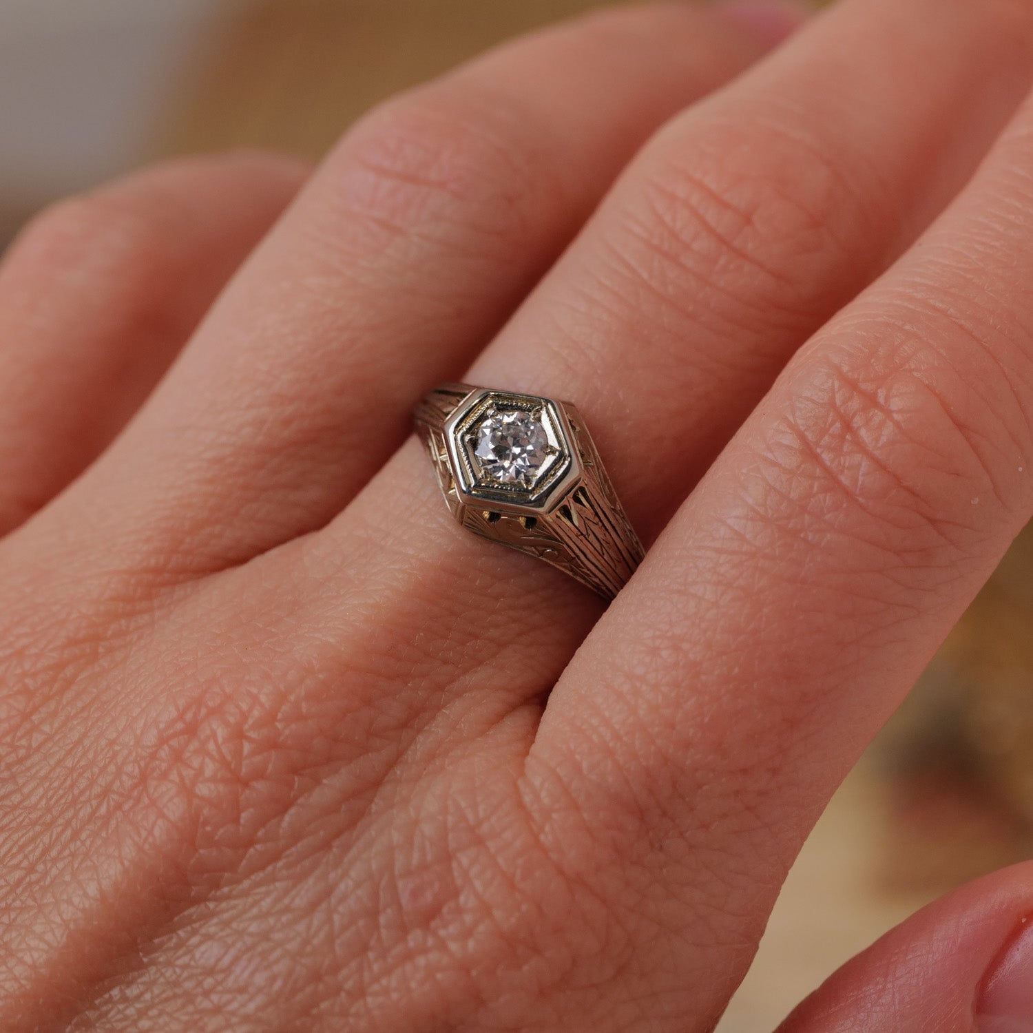 Vintage Hexagon Diamond Engraved Ring