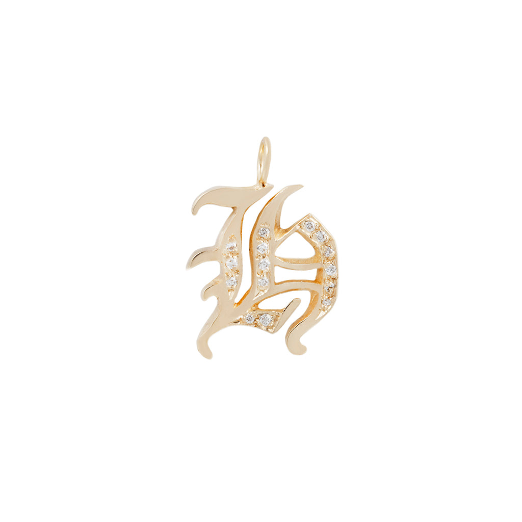 Georgie Gold Ideogram Charm: 14K gold, D-shaped pendant with clear gemstones—chic and elegant diamond-style accent.