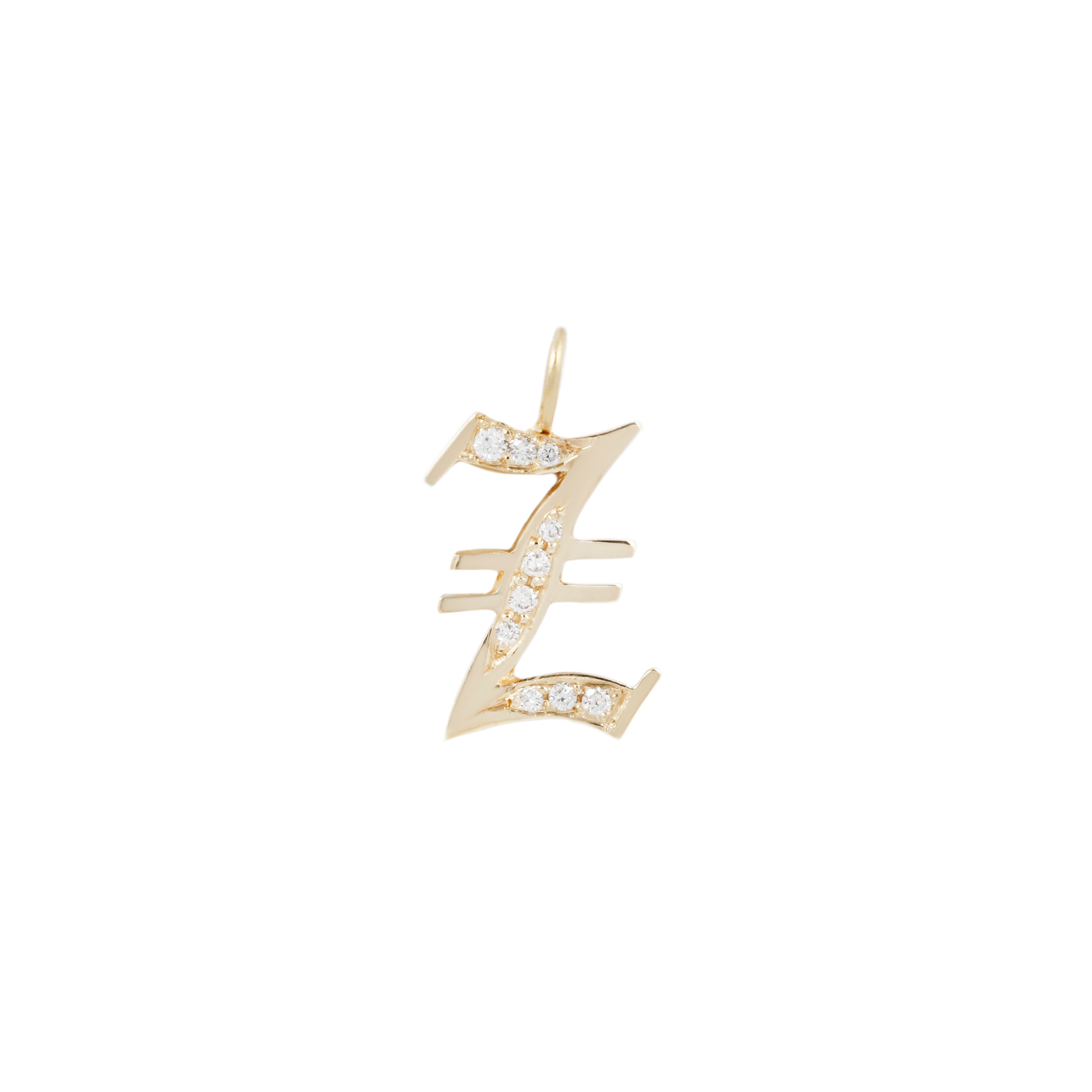Georgie Gold Ideogram Charm: 14K Gold Z-shaped gothic pendant with diamond accents on white background.