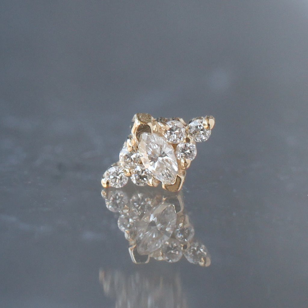 BVLA Embrace Marquise yellow gold flatback stud with a central marquise-cut stone surrounded by round accent stones.