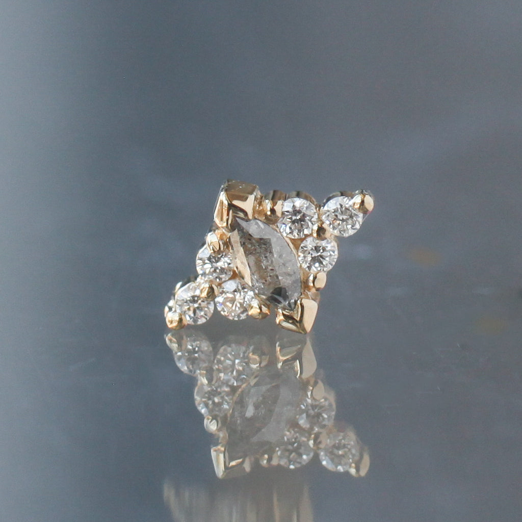 Embrace Marquise yellow gold flatback stud earring with a central marquise-cut stone and eight small round diamonds.