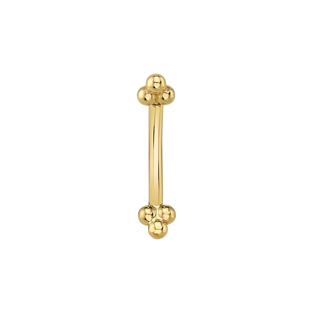 BVLA Tri Bead Cluster Barbell, 14K gold, 16GA with decorative ends on a plain white background.