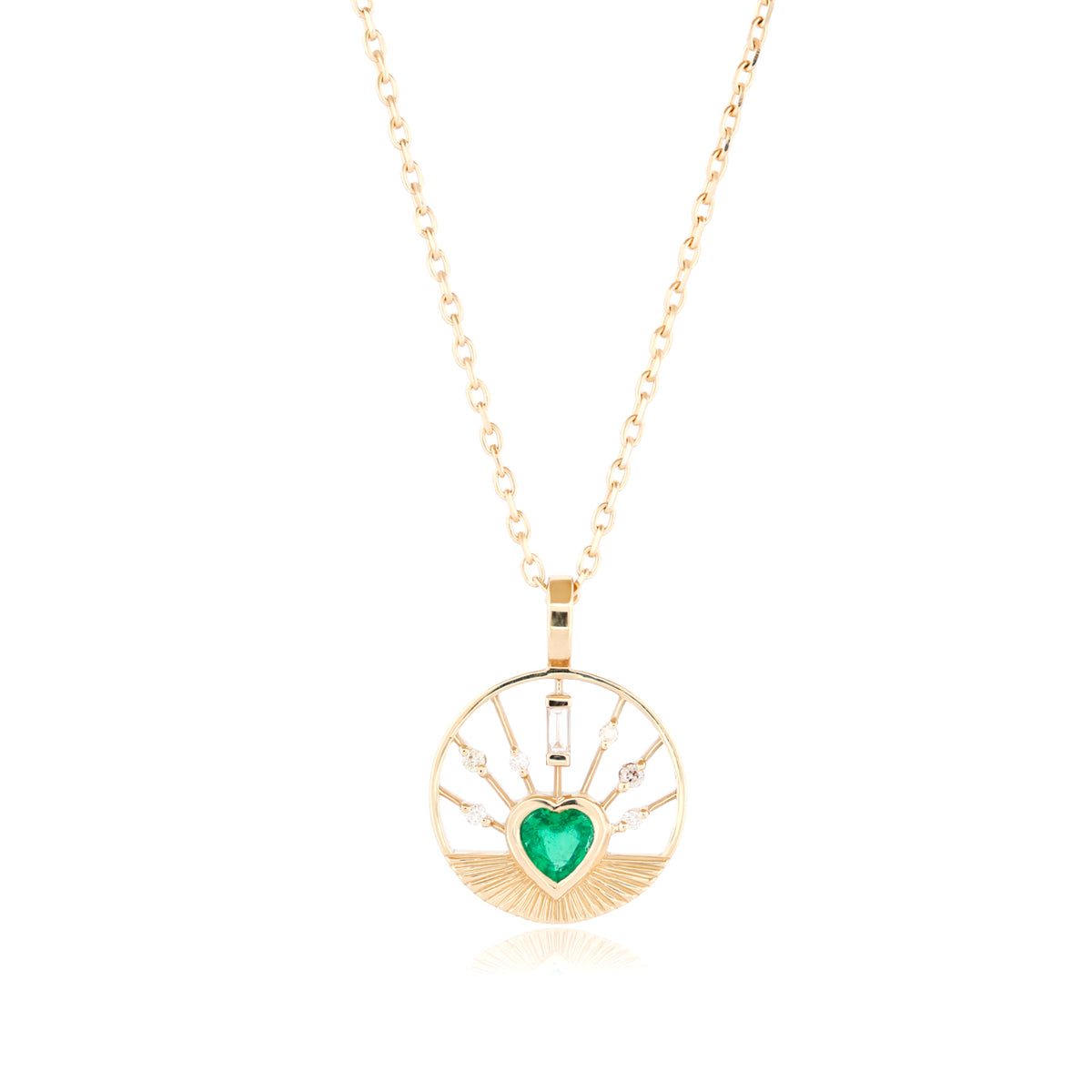 Celine Daoust Heart Medal Necklace - Emerald in 14K gold with sunburst detailing and small diamonds.