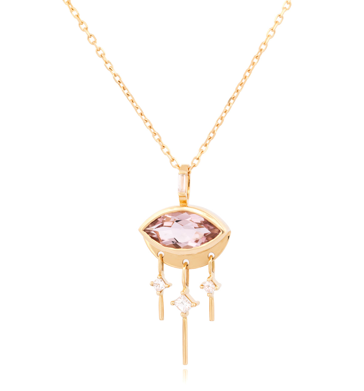 Celine Daoust Marquise Eye with Diamond Dangles necklace in 14K gold with a marquise-cut pink stone and diamond accents.