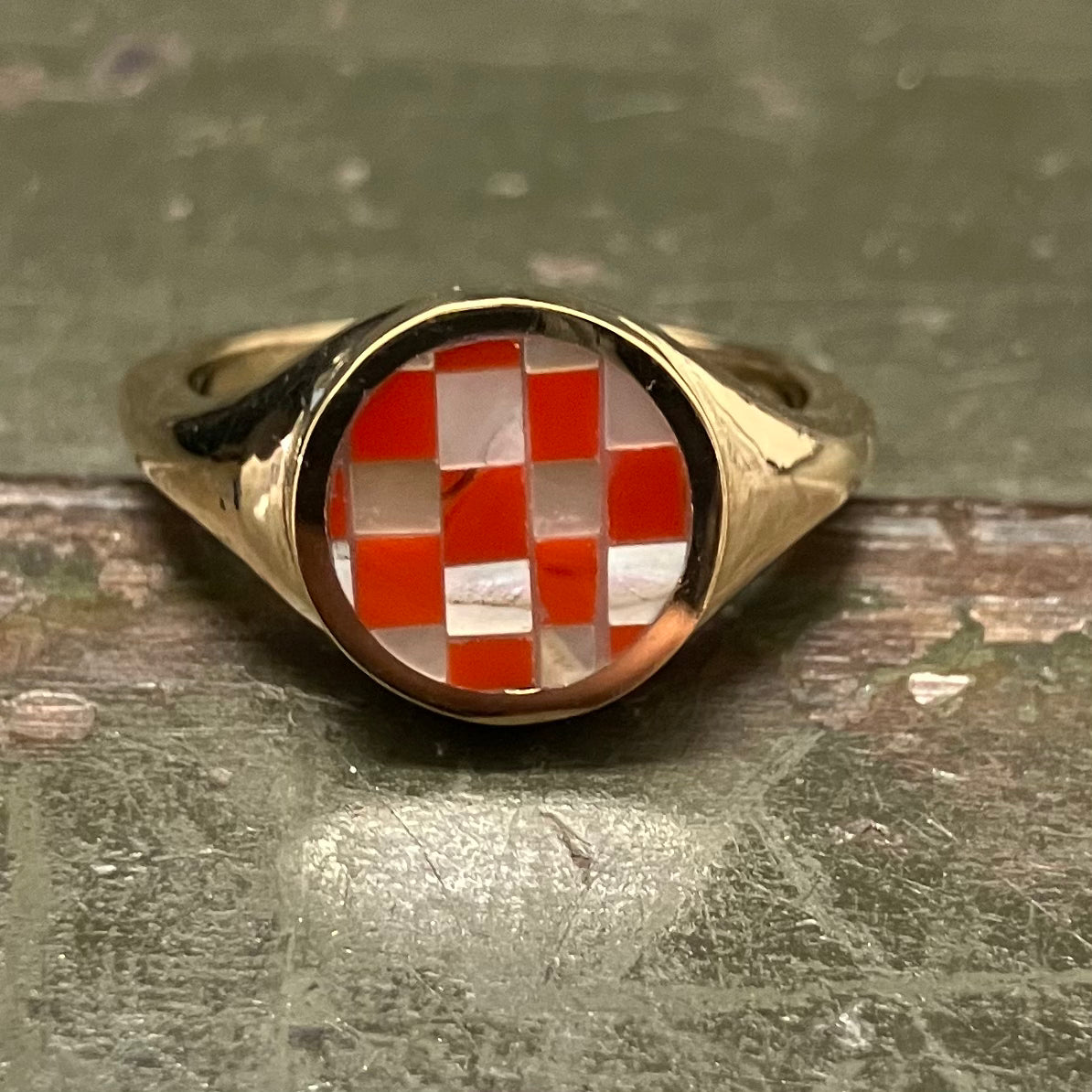 Checkerboard Signet Ring - Coral