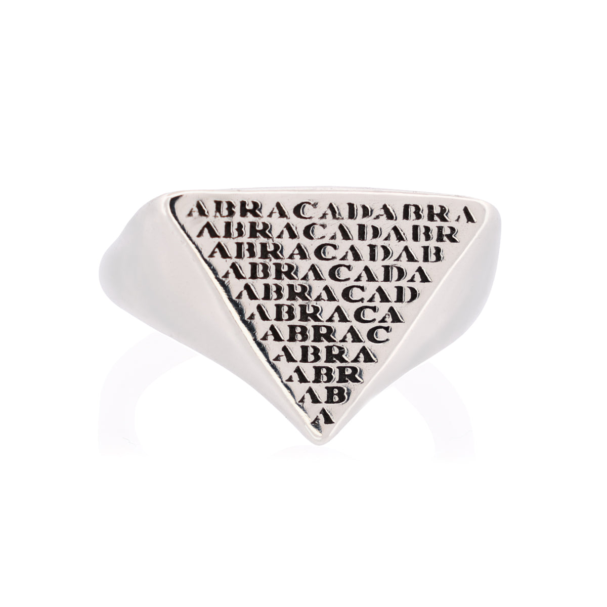 Digby & Iona Abracadabra Signet ring featuring a shrinking pyramid engraving of the word Abracadabra.