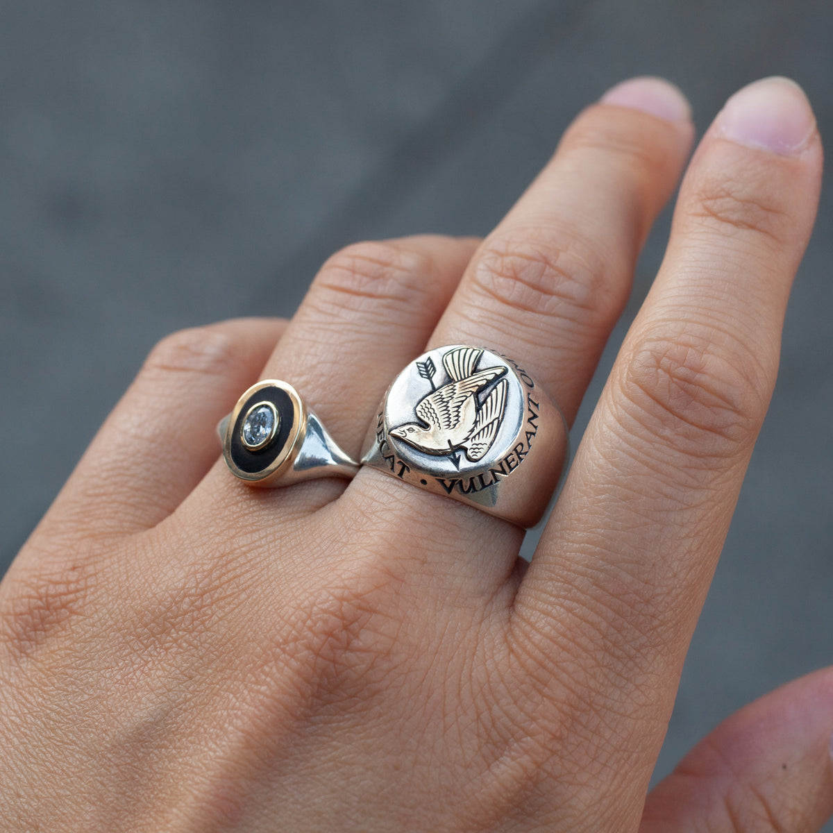 Every Arrow Kills Signet Ring in sterling silver with an engraved bird and arrow, paired with a dark-centered ring.