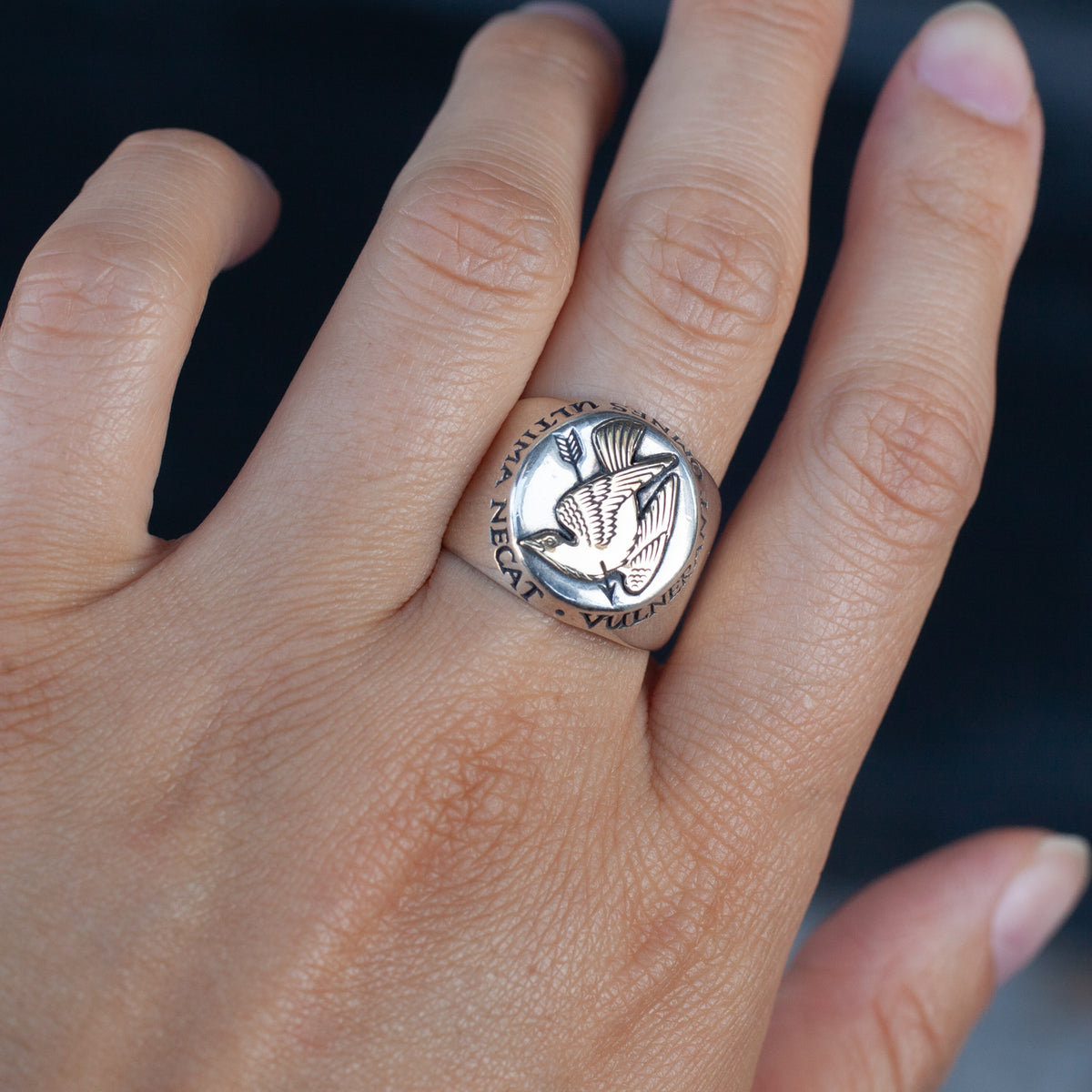 Every Arrow Kills Signet Ring by Digby & Iona: a sterling silver ring featuring an engraved bird, an arrow, and Latin text.