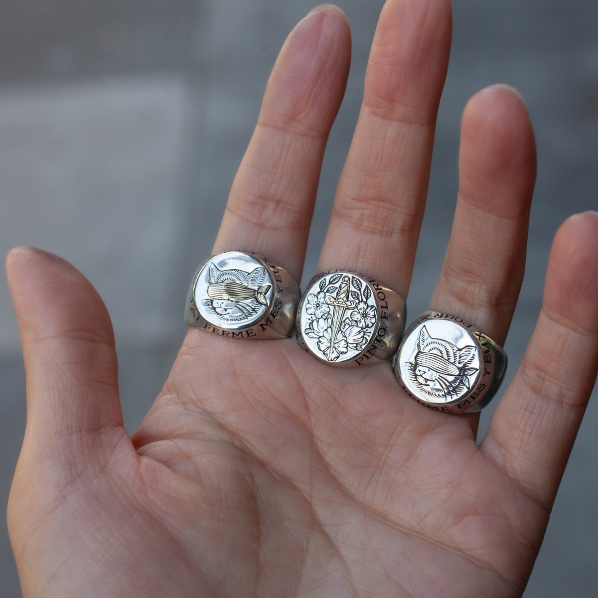 A hand displays three cat-themed rings, including Digby & Iona’s Kahlo Signet Ring in sterling silver with feline details.