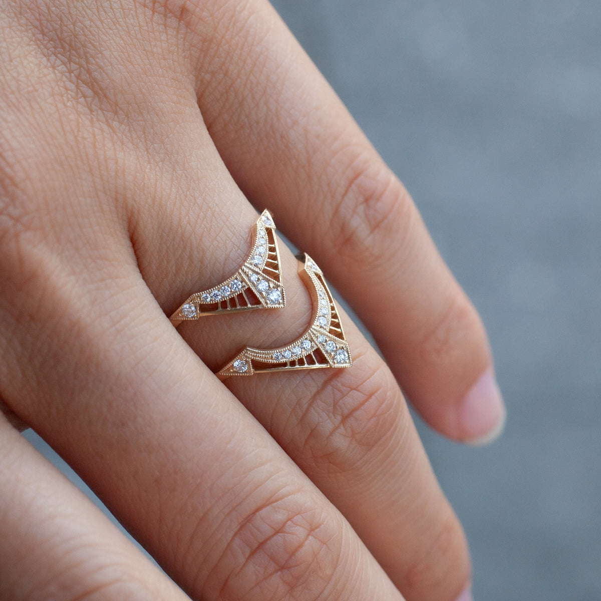 Zilfa Prime Ring - Low Arch: two interlocking 14K gold rings with millgrain latticework, arched tops, and white stones.