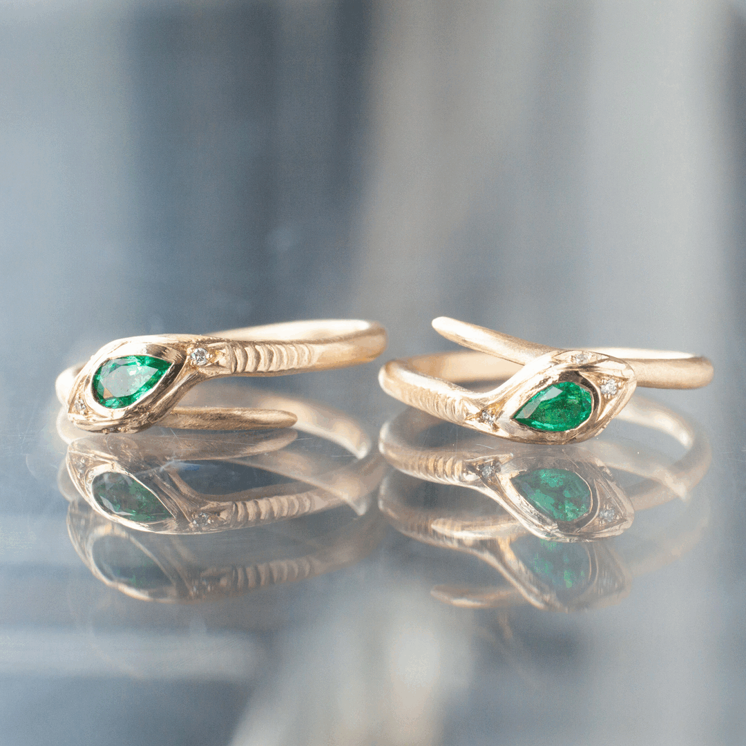 Two Victorias Fede Rings by Daisy San Luis with salt & pepper diamonds, displayed on a reflective surface.