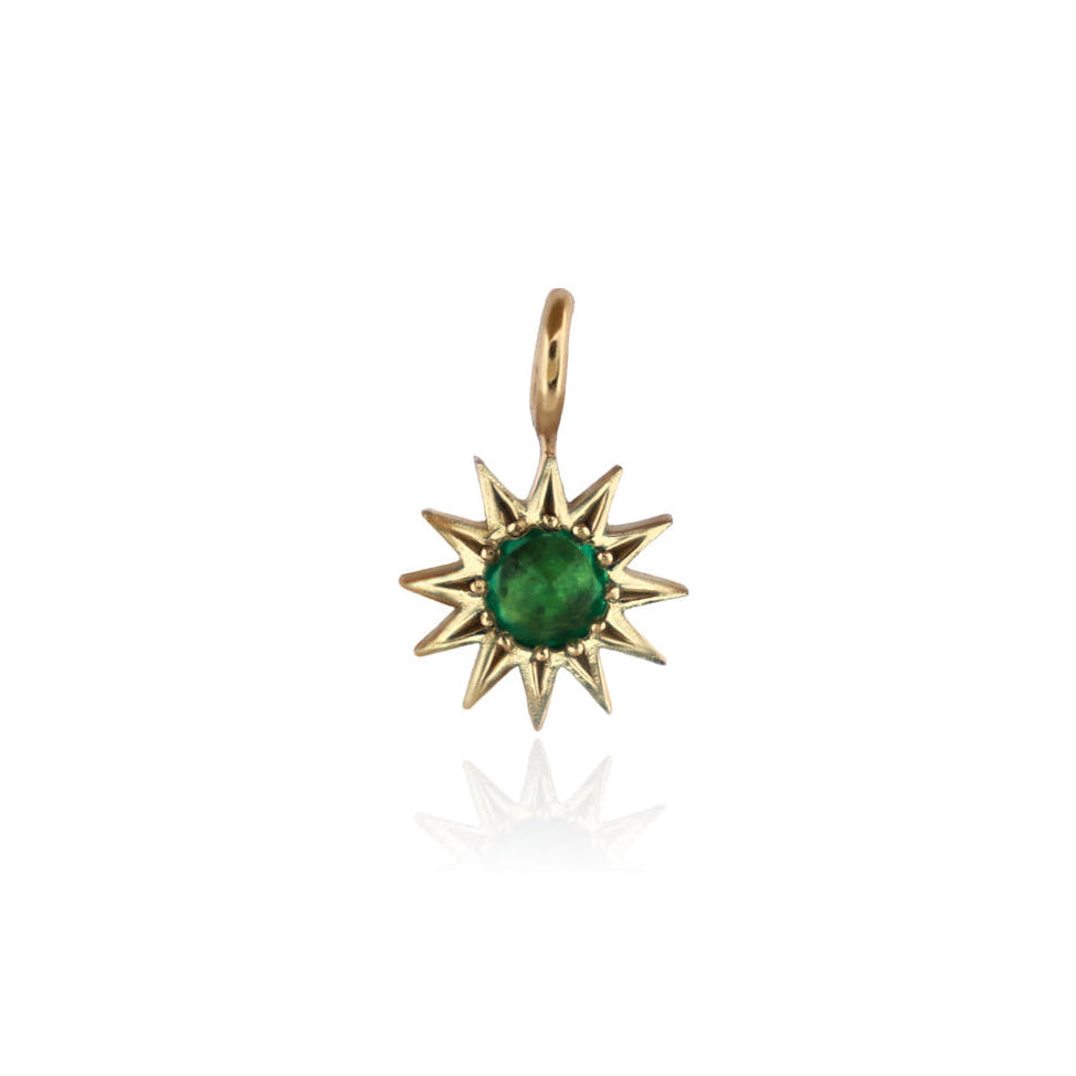 14k gold Petite Inverted Spur Charm featuring a round green emerald center.
