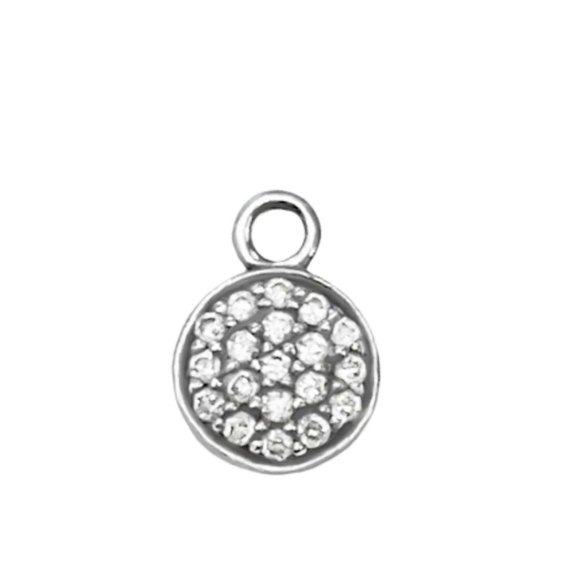 A round silver-toned jewelry charm with a top loop, featuring a cluster of clear pavé gemstones on a plain white background.
