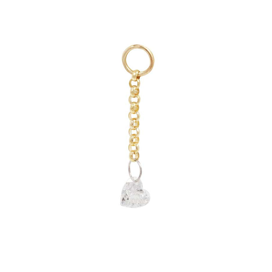 Fiat Luxs Diamond Heart Dangle: 14k gold chain earring with a clear heart charm, perfect for elegant piercings.