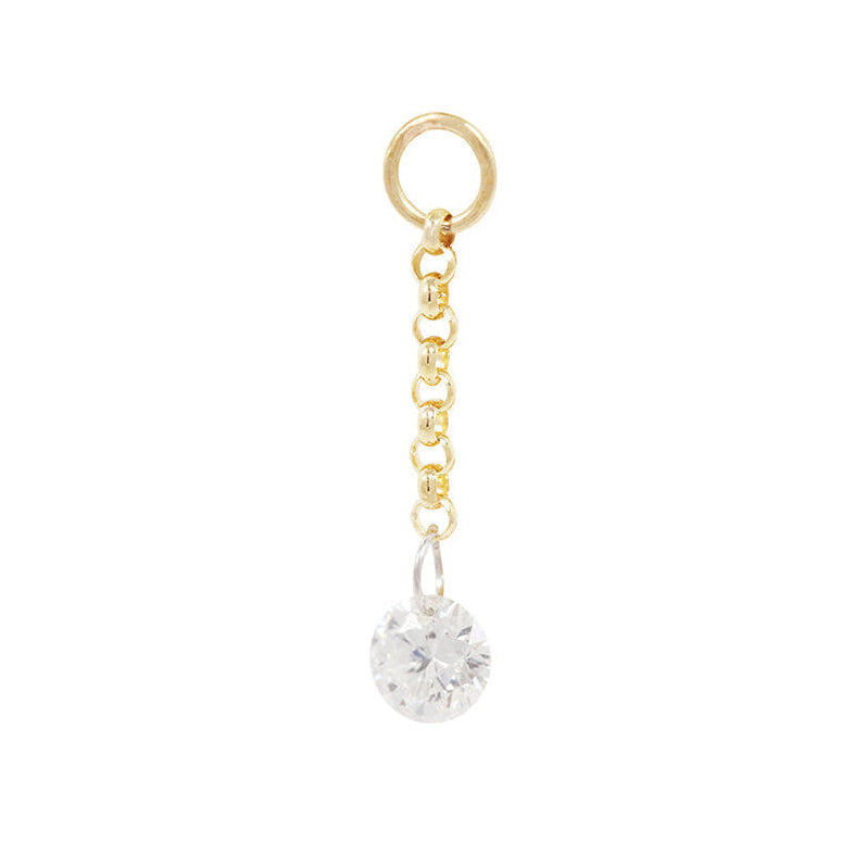 The Rien Dangle by Fiat Lux is a 14k gold chain earring with diamond dangle, shown on white.