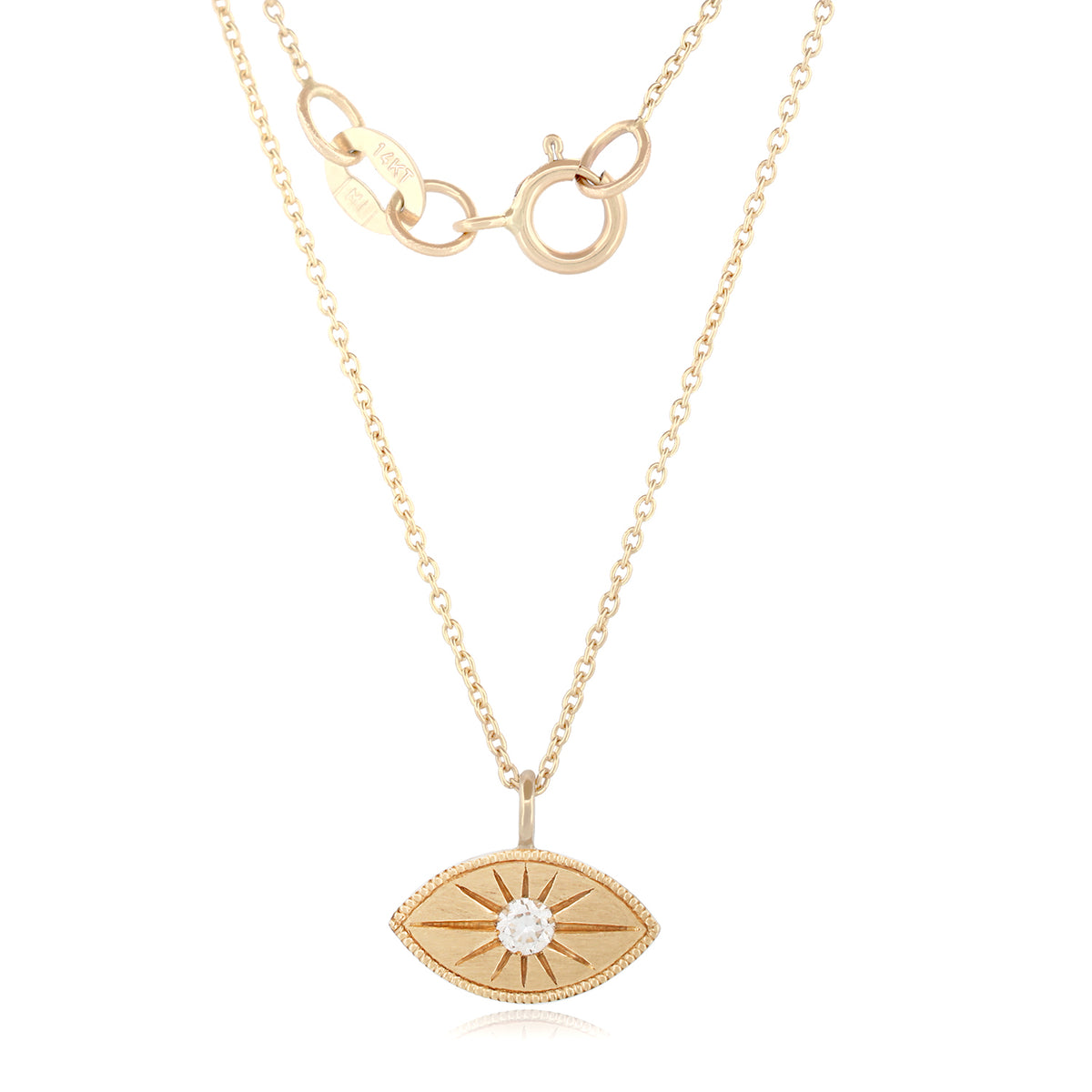 Fiat Lux Mini Mati Necklace: 14k gold chain with a minimalist diamond eye charm featuring starburst engravings.