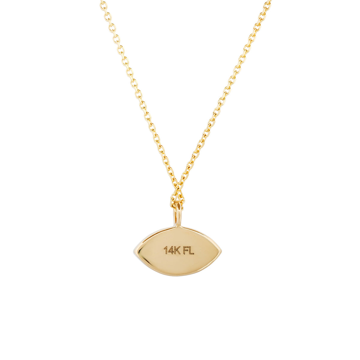 Mini Mati Necklace (G) featuring an eye-shaped Third Eye pendant on a 14k gold chain engraved with 14K FL.