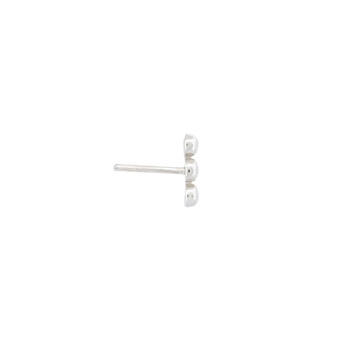 Side view of a Fiat Lux 3 Linear Bead Cluster titanium labret stud with three small, round silver beads in a vertical line.