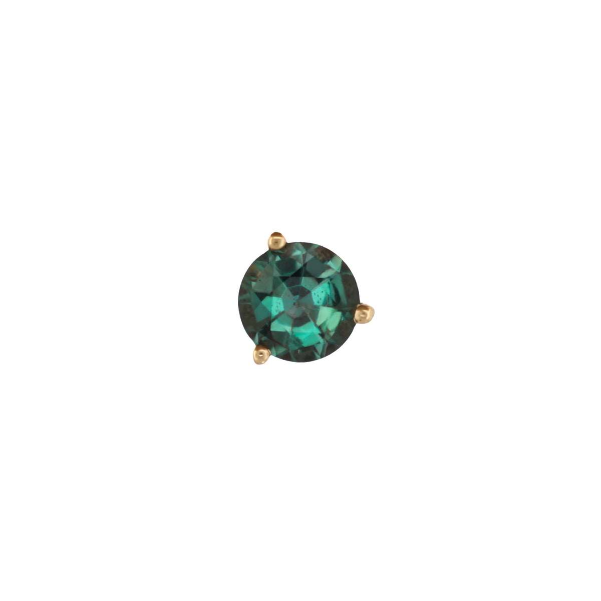 A round, teal-colored 3 Prong Round - Alexandrite (Limited Edition) gemstone set in a 14K gold labret stud.